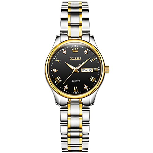 OLEVS Armbanduhr Damen Gold Silber Kleines Gesicht Analoge Quarz Uhr Damen Römische Ziffern Diamanten Wasserdicht Schwarz Damenuhr Tag Datum Eleganz Edelstahl Leuchtend Freizeit Watches for Women von OLEVS