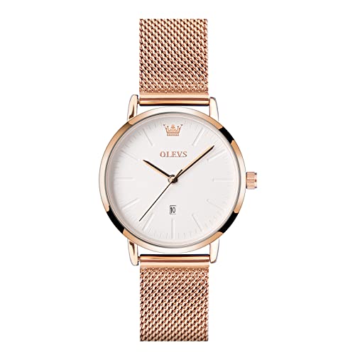 OLEVS Armbanduhr Damen Klassisches Roségold Edelstahl Mesh Armband Uhr Minimalismus Weiß Ultra Slim Großgesicht Damenuhr Freizeit Wasserdicht mit Datum Analoger Quarz Damen Uhren von OLEVS