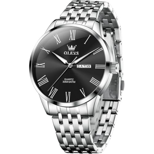 OLEVS Armbanduhr Herren Silber Edelstahlband Analoger Quarz Watches for Men Klassisches Schwarz Römische Ziffern Großgesicht Herren Kleid Uhr Wasserdicht Leuchtend Tag Datum Herrenuhren von OLEVS
