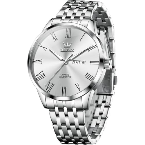OLEVS Armbanduhr Herren Silber Edelstahlband Analoger Quarz Watches for Men Klassisches Weiß Römische Ziffern Großgesicht Herren Kleid Uhr Wasserdicht Leuchtend Tag Datum Herrenuhren von OLEVS