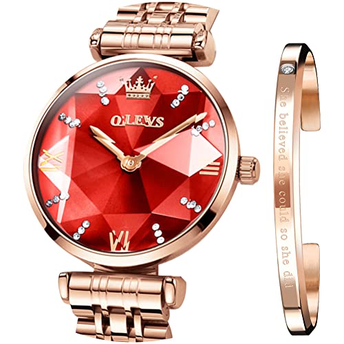 OLEVS Damen-Armbanduhr, japanisches Quarz, Roségold, Kristall, Edelstahl, modische Damen-Armbanduhr, wasserdicht, luxuriöses Kleid, Rotes Zifferblatt Uhr, Armband von OLEVS
