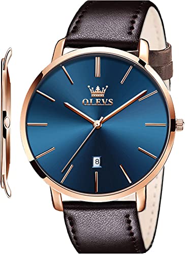 OLEVS Herren-Armbanduhr, ultradünn, 6,5 mm, minimalistisch, wasserdicht, Datumsanzeige, Lederarmband, schlanke Uhren für Herren, Blau-Braun (goldfarbenes Gehäuse), Riemen von OLEVS