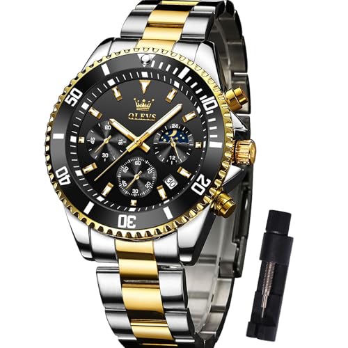 OLEVS Bicolor Armbanduhr Herren Metallarmband Mode Analog Uhren fur Männer Groß Schwarz Zifferblatt Elegante Edelstahl Herren Uhren Chronograph Leuchtend Wasserdicht Herrenuhren mit Datum Mondphase von OLEVS