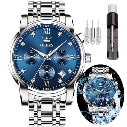 OLEVS Herren-Armbanduhr, analog, Quarz, Business, Edelstahl, wasserdicht, leuchtende Uhren, Luxury, lässig, großes Diamond-Zifferblatt, Datumsanzeige, multifunktional, Chronograph für Männer, Silver von OLEVS