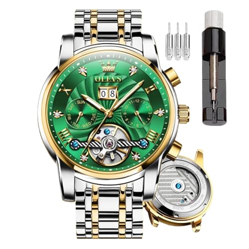 OLEVS Automatic Mechanical Men Watch, Day Date Month and Year Automatic Watch Men Fashion Stainless Steel Watch Green&Blue&Black Face von OLEVS