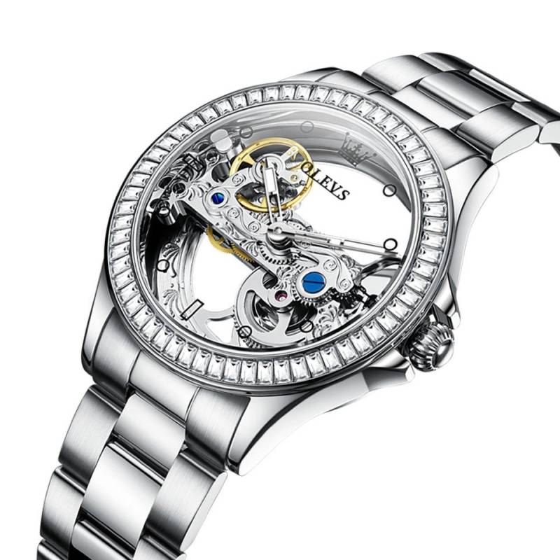 OLEVS Automatikuhr Luxus Frauen Automatikuhr Damenuhr Mechanisch mit Diamanten, Skelett Zifferblatt mit offener Unruhe & Diamantenlünette von OLEVS