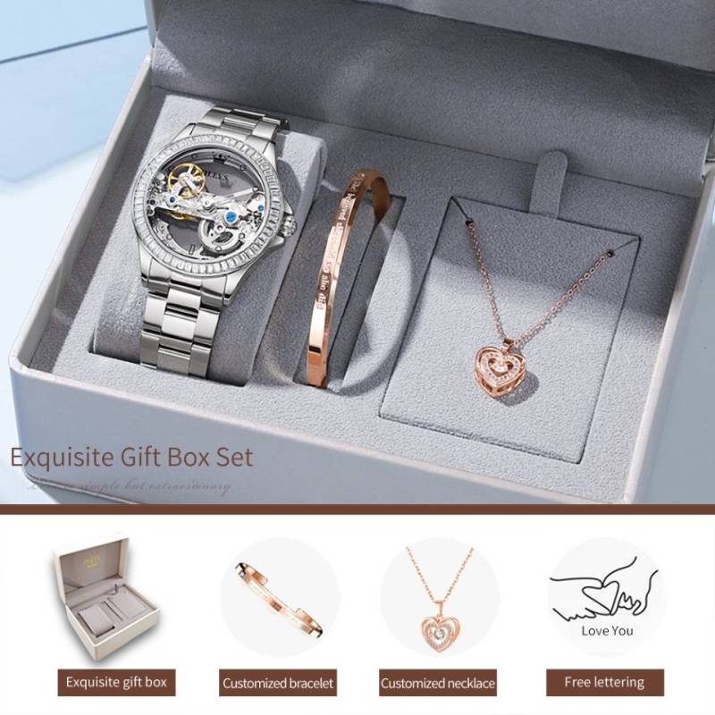 OLEVS Automatikuhr Luxus Frauen Automatikuhr Damenuhr Mechanisch mit Diamanten, Skelett Zifferblatt mit offener Unruhe & Diamantenlünette von OLEVS