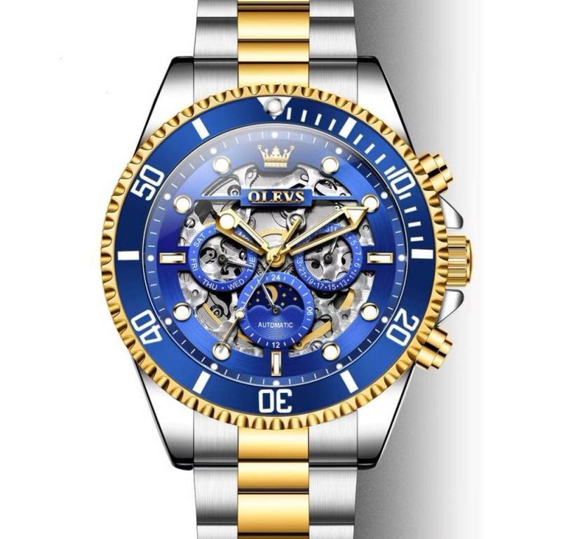 OLEVS Automatikuhr OLEVS 6715 Herrenuhr Automatik Chronograph Bi Color Blau 6715 von OLEVS