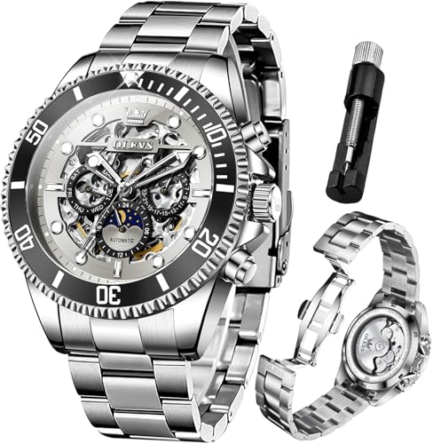 OLEVS Automatikuhr für Herren, Skelett, selbstaufziehend, mechanisch, leuchtend, Geschenk, wasserdicht, Edelstahl, G6715: Silbernes Band und graues Zifferblatt, Luxuriöses von OLEVS