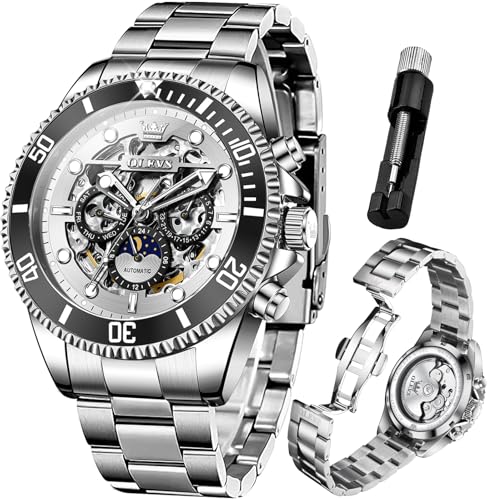 OLEVS Automatikuhr für Herren, Skelett, selbstaufziehend, mechanisch, leuchtend, Geschenk, wasserdicht, Edelstahl, G6715: Silbernes Band und weißes Zifferblatt, Luxuriöses von OLEVS