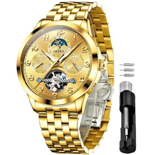 OLEVS Automatikuhr für Herren, Tourbillon, selbstaufziehend, Mondphase, Skelett-Uhren, luxuriöses Kleid, Edelstahlband, Diamant-Herren-Armbanduhr, Gold, Business Casual von OLEVS