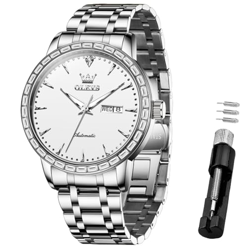 OLEVS Automatikuhr für Herren, selbstaufziehend, Diamant, Tag, Datum, Kalender, wasserdichte Uhr, Edelstahl, leuchtende Luxus-Armbanduhren, 7019 Silberarmband, weißes Zifferblatt von OLEVS