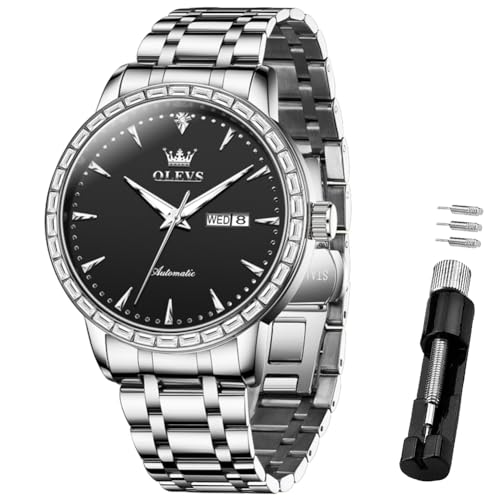 OLEVS Automatikuhr für Herren, selbstaufziehend, Diamant, Tag, Datum, Kalender, wasserdichte Uhr, Edelstahl, leuchtende Luxus-Armbanduhren, 7019 silbernes Armband, schwarzes Zifferblatt von OLEVS