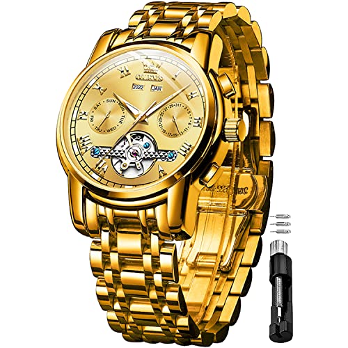 OLEVS Automatikuhr für Herren, selbstaufziehend, mechanisch, wasserdicht, Edelstahlband, klassische Tourbillon-Armbanduhren, Goldfarben, Armband, T-N-G6607-JJ von OLEVS