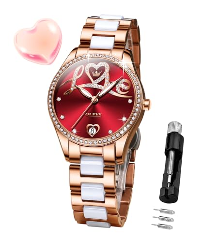 OLEVS Automatikuhren für Damen, Diamant-Mode, elegantes Kleid, mechanisch, selbstaufziehend, Datum, Damen-Armbanduhr, luxuriös, rotgold, zweifarbig, Keramikuhr, wasserdicht, leuchtend, 6686 Rot, Uhren von OLEVS