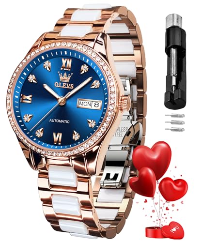OLEVS Automatikuhren für Damen, Diamant-Mode, elegantes Kleid, mechanisch, selbstaufziehend, Datum, Damen-Armbanduhr, luxuriös, rotgold, zweifarbig, Keramikuhr, wasserdicht, leuchtend, Blau, Uhren für von OLEVS