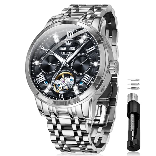 OLEVS Automatikuhren für Herren, selbstaufziehend, mechanisches Skelett, luxuriöses Kleid, Edelstahl, Diamanten, Herren-Armbanduhren, 6701: Silbernes Armband und schwarzes Zifferblatt, Armband von OLEVS