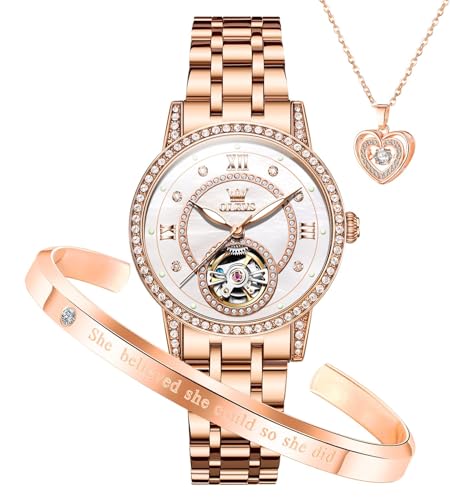 OLEVS Automatische Damenuhren, mechanisches Diamant-Skelett, luxuriöses Kleid, Edelstahl, Silber/Roségold, wasserdicht, leuchtend, Damen-Armbanduhren, Geschenk-Set, 7036: Rotgoldenes Armband und OLEVS Automatische Damenuhren, mechanisches Diamant-Skelett, luxuriöses Kleid, Edelstahl, Silber/Roségold, wasserdicht, leuchtend, Damen-Armbanduhren, Geschenk-Set, 7036: Rotgoldenes Armband und von OLEVS