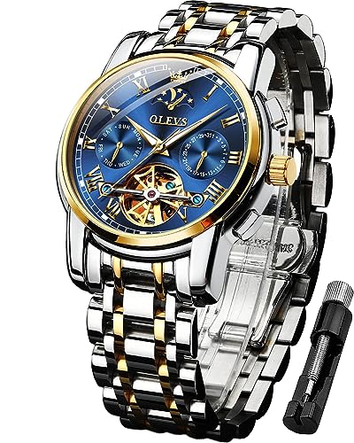 OLEVS Automatische Herren-Armbanduhr, Skelett, Tourbillon, mechanisch, selbstaufziehend, Luxus-Armbanduhr, Mondphase, Tag, Datum, wasserdicht, Geschenke, Zweifarbiges Armband und blaues Zifferblatt von OLEVS