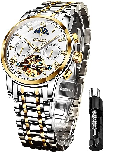 OLEVS Automatische Herren-Armbanduhr, Skelett, Tourbillon, mechanisch, selbstaufziehend, Luxus-Kleid, Armbanduhr, Mondphase, Tag, Datum, Zweifarbiges Armband und weißes Zifferblatt, Mechanisch von OLEVS