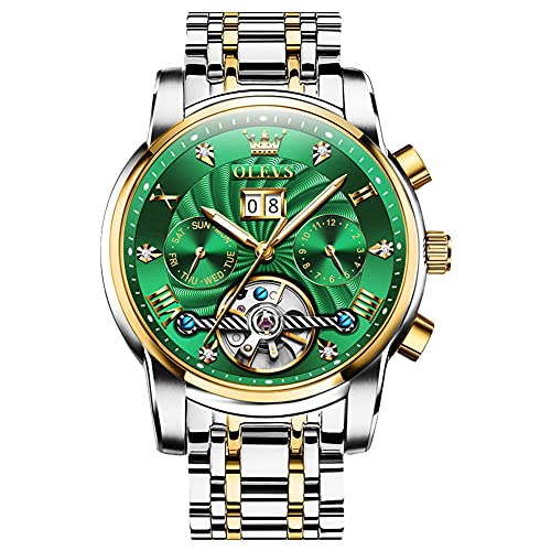 OLEVS Automatische Herrenuhr, Tourbillon, selbstaufziehend, Mechanik, Luxus, Business, Edelstahl, leuchtend, wasserdicht, Zweifarbiges Armband und grünes Zifferblatt, Armband von OLEVS