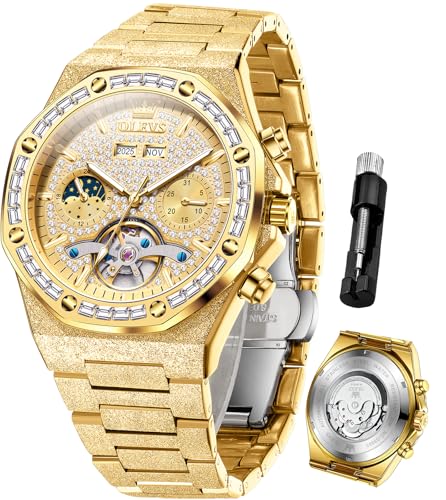 OLEVS Automatische Herrenuhr Skelett Luxus Selbstaufzug Diamant Gold Edelstahl Wasserdicht Mechanische Geschenk Armbanduhren, G9805: Goldfarbenes Band und goldenes Zifferblatt, Luxuriöses Geschenk von OLEVS