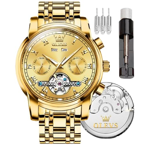 OLEVS Automatische Herrenuhr Tourbillon Selbstaufzug Mechanik Luxus Business Edelstahlband Leuchtende Wasserdichte Armbanduhr, 6607-Gold Gürtel und goldenes Gesicht, Modern von OLEVS