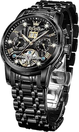 OLEVS Automatische Herrenuhr Tourbillon Selbstaufzug Mechanik Luxus Business Edelstahl Leuchtende Wasserdichte Armbanduhr, Schwarz , Klassisch von OLEVS