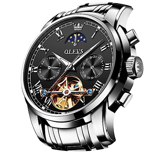 OLEVS Herrenuhr, automatisch, mechanisch, Skelett, Mondphase, Kleid, Business, Edelstahl, 3AT, wasserdicht, leuchtend, Herren-Armbanduhr, Schwarz, Mechanisch, selbstaufziehend von OLEVS