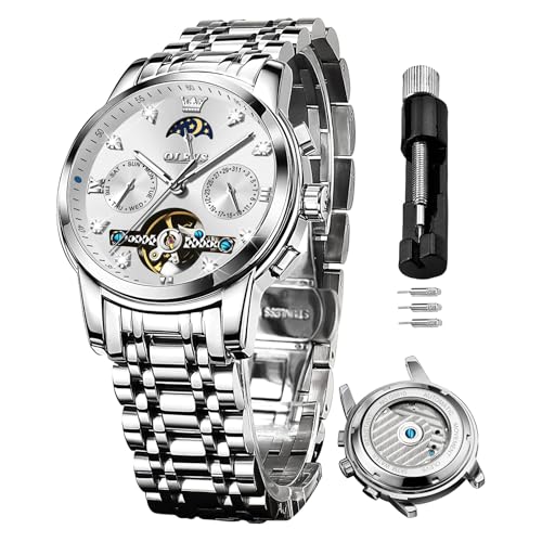 OLEVS Automatische Uhr Männer Tourbillon Selbstaufzug Mondphase Zifferblatt Uhren Herren Skelett Uhr Luxus Kleid Edelstahlband Diamant Geschenk, silber, OL-S-G6678GY-YY von OLEVS