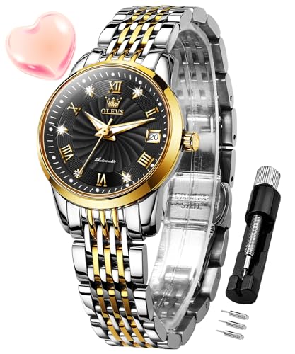 OLEVS Automatische Uhren für Frauen Mode Klassische Diamant Edelstahl Selbstaufzug Mechanische Frauen Kleid Damen Armbanduhr Wasserdicht Leuchtend Geschenkset, Zweifarbiges Armband, schwarzes Zifferblatt von OLEVS