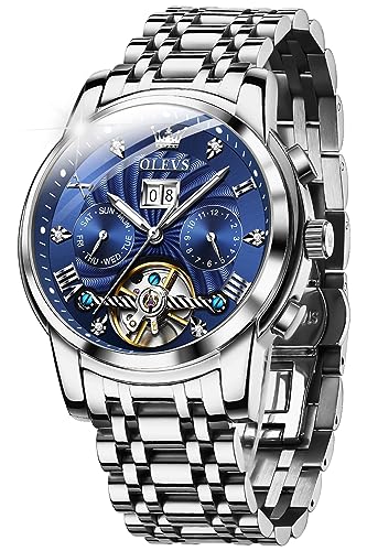 OLEVS Automatische Uhren für Herren Diamant Skelett Mechanische Tourbillon Selbstaufzug Luxus Kleid Armbanduhr Kalender Leuchtend Wasserdicht, 9910: Silbernes Armband & blaues Zifferblatt, von OLEVS