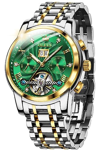 OLEVS Automatische goldene Uhren für Herren, luxuriös, klassisch, Edelstahl, Kalender, leuchtend, wasserdicht, Uhren für Herren, 9910: Zweifarbiges Armband und grünes Zifferblatt, Luxuriös von OLEVS