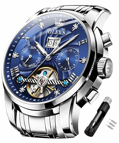 OLEVS Automatische mechanische Herren-Armbanduhr, Skelett, Tourbillon, selbstaufziehend, luxuriös, Edelstahl, wasserdicht, leuchtende Mondphase, Silberfarbenes Armband und blaues Zifferblatt von OLEVS