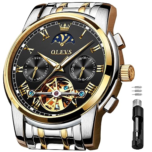 OLEVS Automatische mechanische Herren-Armbanduhr, luxuriöse Dress-Watch, wasserdicht, selbstaufziehend, Mondphase-Chronograph, Edelstahl, leuchtend, Datum, Tourbillon Armbanduhr für Herren von OLEVS