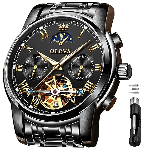 OLEVS Automatische mechanische Herren-Armbanduhr, luxuriöse Dress-Watch, wasserdicht, selbstaufziehend, Mondphase-Chronograph, Edelstahl, leuchtend, Datum, Tourbillon Armbanduhr für Herren von OLEVS