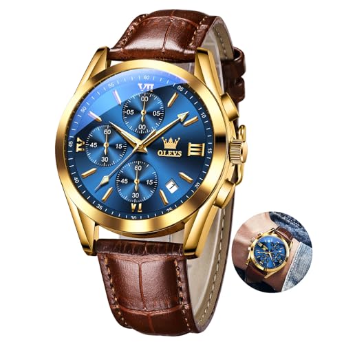 OLEVS Braun Herrenuhr Lederarmband Vintage Blau Zifferblatt Armbanduhr Herren Analog Kleid Classic Gold Gehäuse Wasserdicht Uhr Herren mit Datum Leuchtend Quarz Uhren für Männer Chronograph von OLEVS