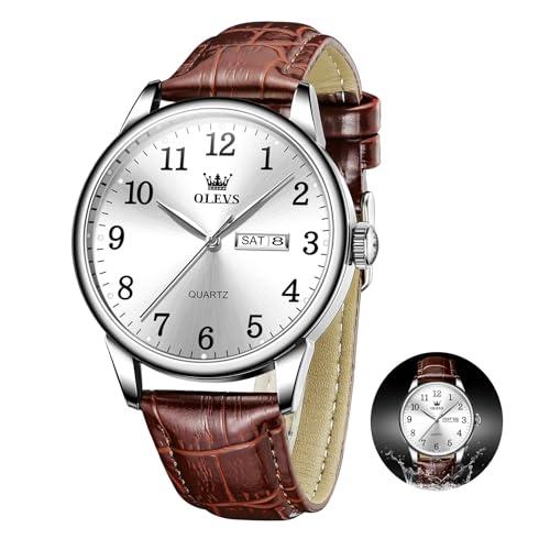 OLEVS Braun Herrenuhren mit Lederarmband Modern Weiß Großes Zifferblatt Herren Armbanduhr Wasserdicht Analog Kleid Uhr Herren Arabische Ziffern Quarz Leuchtend Uhr Männer mit Datumsanzeige von OLEVS