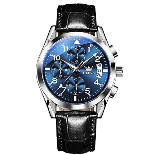 OLEVS Chronograph-Uhr für Herren, großes Zifferblatt, lässige Lederuhr, Edelstahl, Quarz, analog, klassisch, leicht zu lesen, Datum, Herrenuhren, B2-blaues Zifferblatt/schwarzes Armband, Standard von OLEVS