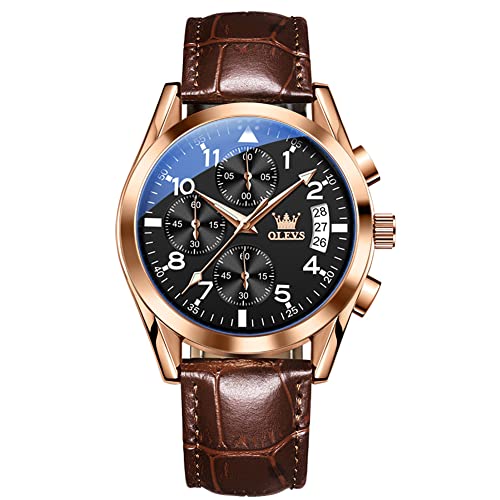 OLEVS Chronograph-Uhr für Herren, großes Zifferblatt, lässige Lederuhr, Edelstahl, Quarz, analog, klassisch, leicht zu lesen, Datum, Herrenuhren, B3-schwarzes Zifferblatt/braunes Armband, Standard von OLEVS