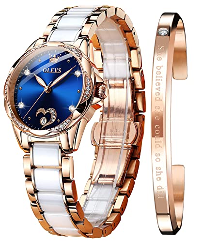 OLEVS Damen-Armbanduhr, Rotgold, automatisch, mechanisch, selbstaufziehend, Diamant-Zifferblatt, Keramikband, modisch, elegant, Damen-Armbanduhr, wasserdicht, Blaues Zifferblatt, Mechanisch von OLEVS