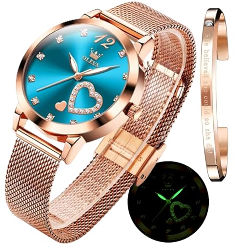 OLEVS Damen-Armbanduhr, luxuriös, rotgold, schmal, dünn, leicht, Edelstahl, Netz-Uhren, modisch, wasserdicht, verstellbares Armband, Gw-g5189-blue Oberfläche, Klassisch, minimalistisch von OLEVS