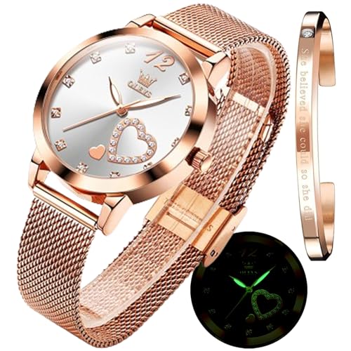 OLEVS Damen-Armbanduhr, luxuriös, rotgold, schmal, dünn, leicht, Edelstahl, Netz-Uhren, modisch, wasserdicht, verstellbares Armband, Gw-g5189-white Oberfläche, Klassisch, minimalistisch von OLEVS