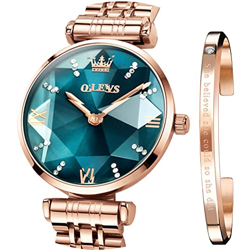 OLEVS Damen-Armbanduhr, japanisches Quarz, Roségold, Kristall, Edelstahl, modische Damen-Armbanduhr, wasserdicht, luxuriöses Kleid, Grünes Zifferblatt Uhr, Armband von OLEVS