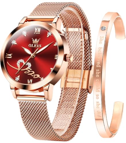 OLEVS Damen Armbanduhr Roségold Herz Diamant Quarzwerk Mädchen Damen Armbanduhr Rot Gesicht Mesh-Gürtel Uhr Armband Geschenk zum Valentinstag von OLEVS