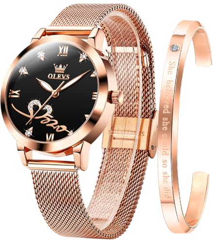 OLEVS Damen Armbanduhr Roségold Herz Diamant Quarzwerk Mädchen Damen Armbanduhr Schwarzes Gesicht Mesh-Gürtel Uhr Armband Geschenk zum Valentinstag von OLEVS