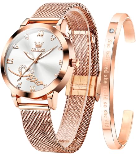 OLEVS Damen Armbanduhr Roségold Herz Diamant Quarzwerk Mädchen Damen Armbanduhr Weiß Gesicht Mesh-Gürtel Uhr Armband Geschenk zum Valentinstag von OLEVS