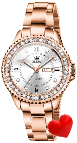 OLEVS Damen-Armbanduhr luxuriös Kristall Diamant formeller Edelstahl wasserdicht analog Quarz Datum leuchtende Uhr von OLEVS
