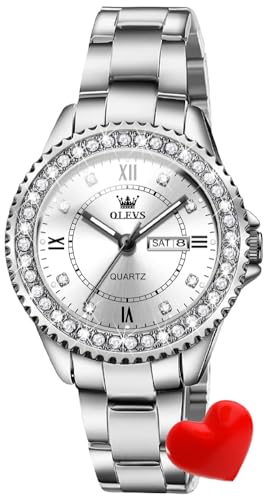 OLEVS Damen-Armbanduhr luxuriös Kristall Diamant formeller Edelstahl wasserdicht analog Quarz Datum leuchtende Uhr von OLEVS