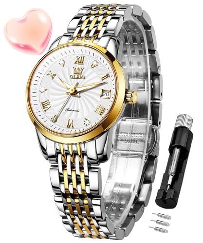 OLEVS Damen Automatikuhr Diamant Mode Luxus Kleid Mechanische Selbstaufzug Edelstahl Damen Armbanduhr für Frauen Leuchtend Wasserdicht, Zweifarbiges Armband, weißes Gesicht, uhren für damen von OLEVS